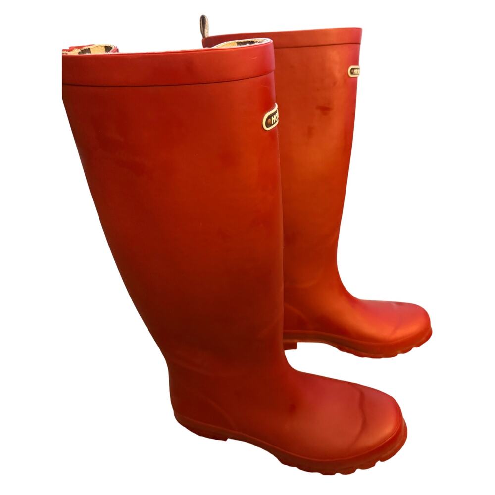 HENRI BENDEL Red Rubber Signature Stripe Interior Rain Boots Weliies 10 garden - Picture 2 of 6